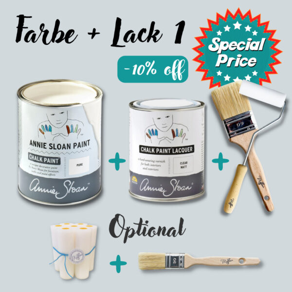 Annie Sloan Starter Set mit 1l Chalk Paint, 500ml Clear Wax und einem Melflair Flachpinsel und einem Farbroller