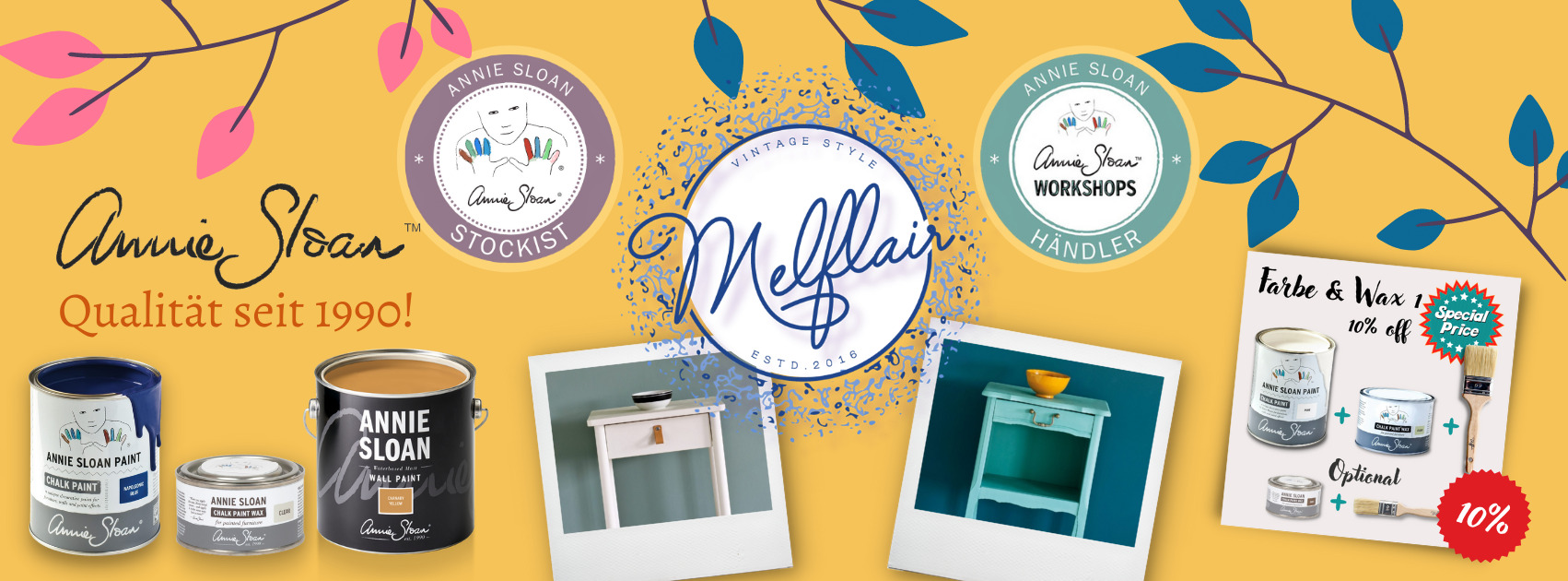 Melflair Banner Startseite mit Melflair Logo, Annie Sloan Produkten und Beispielbildern
