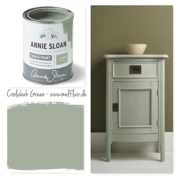 Annie Sloan Kreidefarbe / Chalk Paint in der Farbe Coolabah Green als Dose, sowie als Pinselstrich und ein Beispielmöbelstück in der Farbe gestrichen