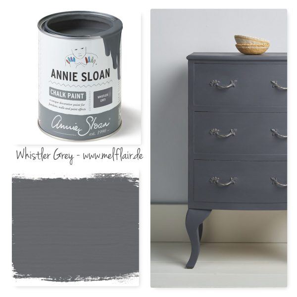 Annie Sloan Kreidefarbe / Chalk Paint in Whistler Grey als Dose, sowie als Pinselstrich und ein Beispielmöbelstück